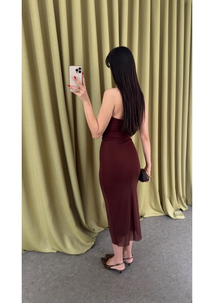 Taşlı Straplez Kahverengi Elbise fiyatları