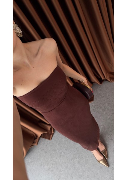 Taşlı Straplez Kahverengi Elbise fırsatları