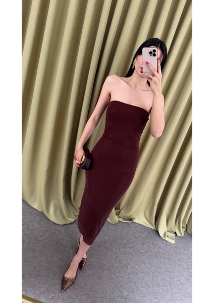 Taşlı Straplez Kahverengi Elbise indirimleri