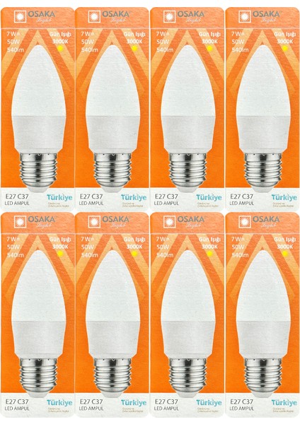 (8 Adet) Osaka 7W (50W) 3000K (Sarı) E27 Duylu (Kalın Duy) Mum LED Ampul