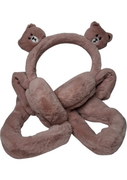 Çocuk Pembe Renk Ayıcık Figürlü Pompalı ve Sesli Kışlık Peluş Kulaklık