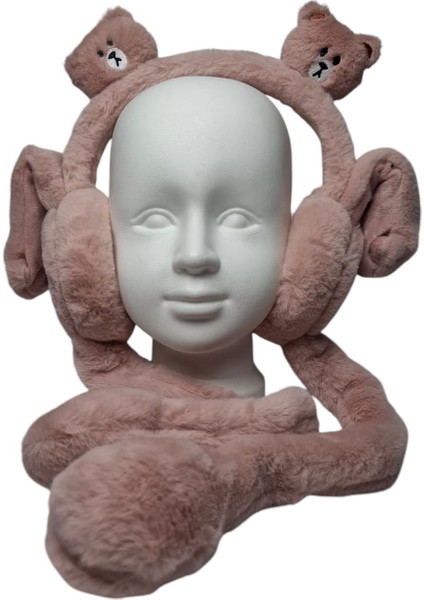 Çocuk Pembe Renk Ayıcık Figürlü Pompalı ve Sesli Kışlık Peluş Kulaklık fiyatları