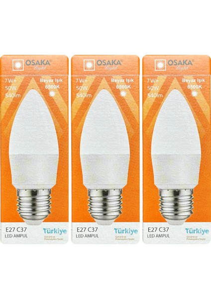 (3 Adet) Osaka 7W (50W) 6500K (Beyaz Işık) E27 Duylu (Kalın Duy) Mum LED Ampul