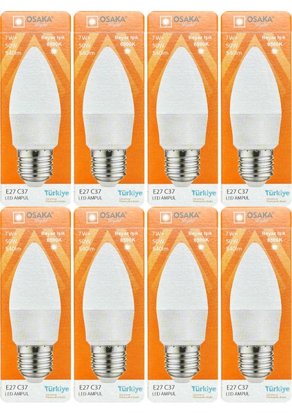 (8 Adet) 7W (50W) 6500K (Beyaz Işık) E27 Duylu (Kalın Duy) Mum LED Ampul