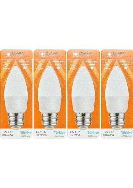 (4 Adet) 7W (50W) 6500K (Beyaz Işık) E27 Duylu (Kalın Duy) Mum LED Ampul