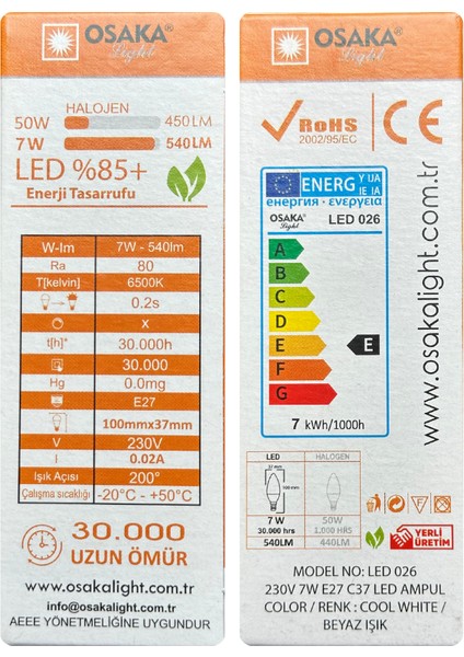 (4 Adet) 7W (50W) 6500K (Beyaz Işık) E27 Duylu (Kalın Duy) Mum LED Ampul