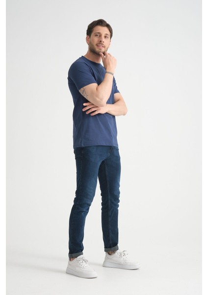 Açık Lacivert Erkek T-Shirt Nefes Alabilen Esnek Pamuklu Kumaş Regular Kalıp Minimal Logolu modelleri