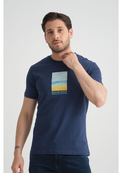 Açık Lacivert Erkek Tişört %100 Pamuk Minimalist Tasarım Regular Kalıp Baskılı