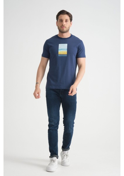 Açık Lacivert Erkek Tişört %100 Pamuk Minimalist Tasarım Regular Kalıp Baskılı fiyatları