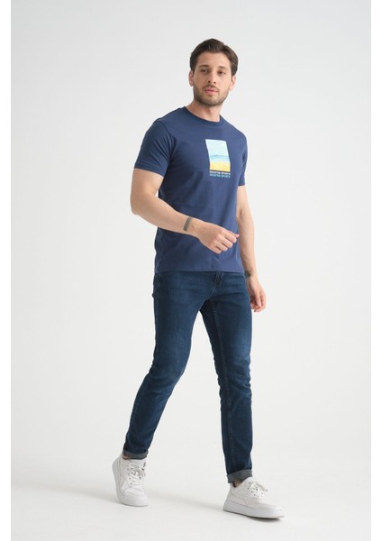 Açık Lacivert Erkek Tişört %100 Pamuk Minimalist Tasarım Regular Kalıp Baskılı modelleri