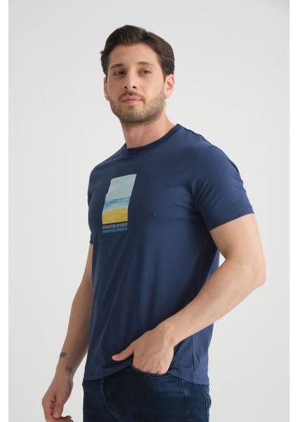 Açık Lacivert Erkek Tişört %100 Pamuk Minimalist Tasarım Regular Kalıp Baskılı fırsatları