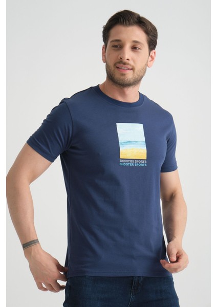 Açık Lacivert Erkek Tişört %100 Pamuk Minimalist Tasarım Regular Kalıp Baskılı indirimleri