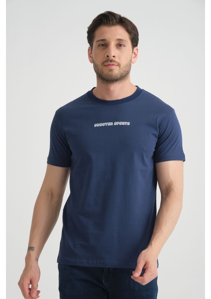 Açık Lacivert Erkek Bisiklet Yaka Tişört Premium Pamuklu Yüksek Kalite Regular Fit
