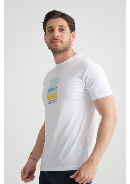 Beyaz Erkek Tişört %100 Pamuk Minimalist Tasarım Regular Kalıp Baskılı indirimleri