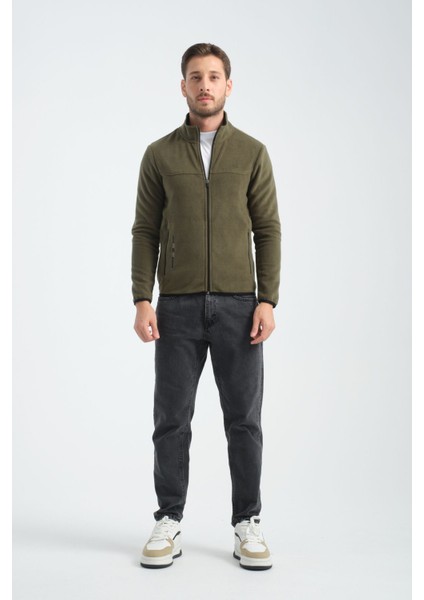 Premium Kışlık Erkek Polar Sweatshirt Minimal Nakış Detayları Fermuarlı Regular Fit