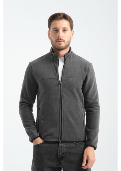 Premium Kışlık Erkek Polar Sweatshirt Minimal Nakış Detayları Fermuarlı Regular Fit