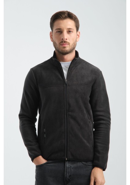 Premium Kışlık Erkek Polar Sweatshirt Minimal Nakış Detayları Fermuarlı Regular Fit