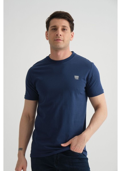 Esnek Pamuklu Standart Kalıp Minimal Logolu Erkek Açık Lacivert T-Shirt