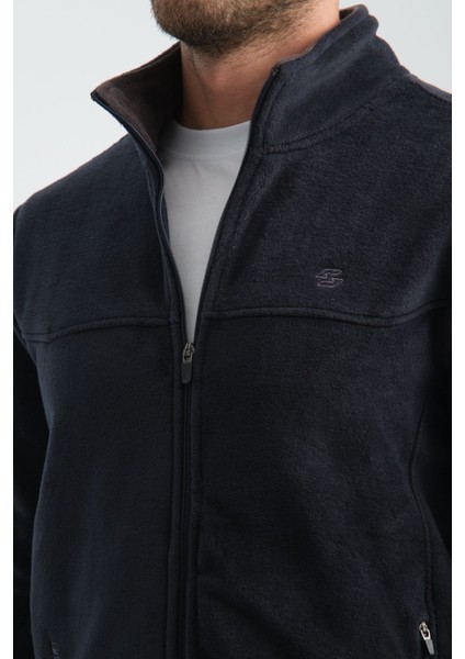 Premium Kışlık Erkek Polar Sweatshirt Minimal Nakış Detayları Fermuarlı Regular Fit