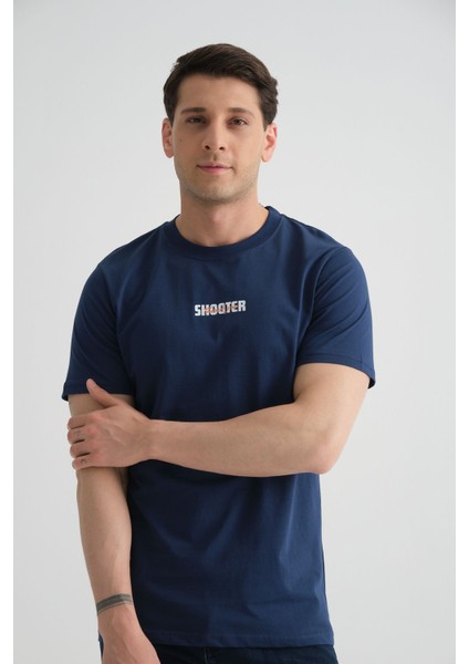Açık Lacivert Minimal Baskılı Pamuklu Kumaş Standart Kalıp Erkek T-Shirt