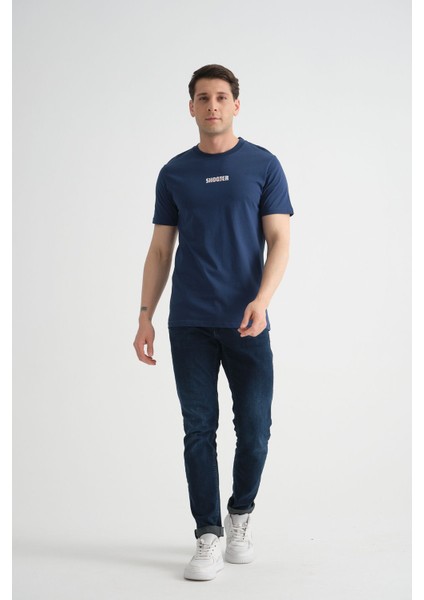 Açık Lacivert Minimal Baskılı Pamuklu Kumaş Standart Kalıp Erkek T-Shirt fiyatları