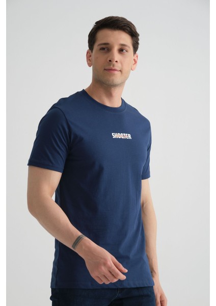 Açık Lacivert Minimal Baskılı Pamuklu Kumaş Standart Kalıp Erkek T-Shirt modelleri