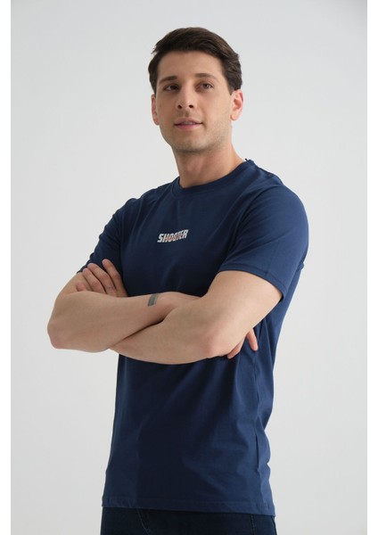 Açık Lacivert Minimal Baskılı Pamuklu Kumaş Standart Kalıp Erkek T-Shirt indirimleri