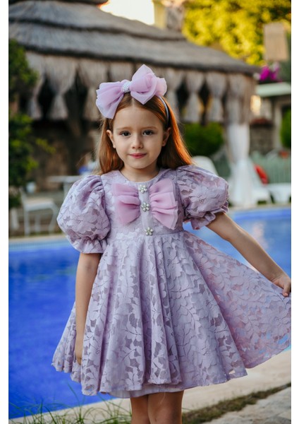 Fiyonklu ve Kabarık Kollu Prenses Model Dantel Işlemeli Çocuk Abiye ELBISE_M2450