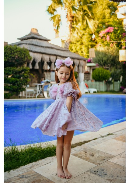 Fiyonklu ve Kabarık Kollu Prenses Model Dantel Işlemeli Çocuk Abiye ELBISE_M2450 indirimleri