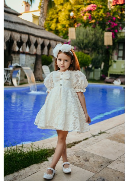 Fiyonklu ve Kabarık Kollu Prenses Model Dantel Işlemeli Çocuk Abiye ELBISE_M2450 fırsatları