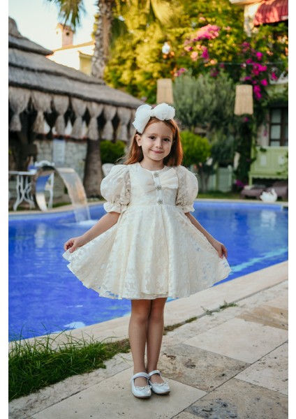Fiyonklu ve Kabarık Kollu Prenses Model Dantel Işlemeli Çocuk Abiye ELBISE_M2450 indirimleri