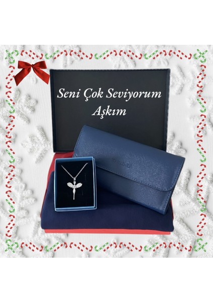 Hediye Seti Kadın Lacivert Penye Şal-Cüzdan-Çelik Zincir Melek Model Kolye