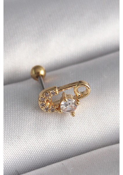 Çelik Gold Renk Zirkon Taşlı Toplu Iğne Tragus Piercing