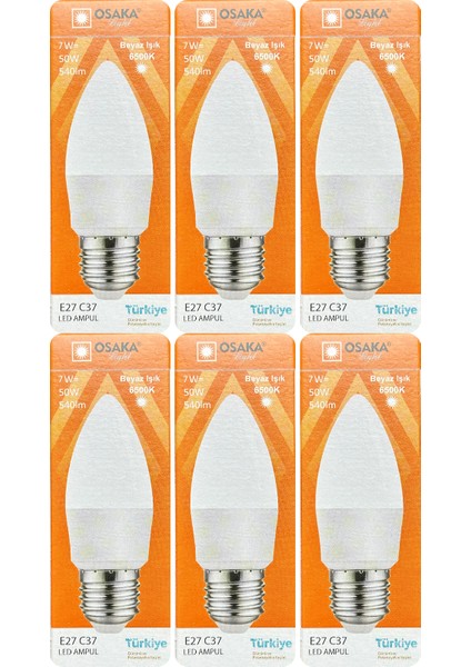 (6 Adet) 7W (50W) 6500K (Beyaz Işık) E27 Duylu (Kalın Duy) Mum LED Ampul