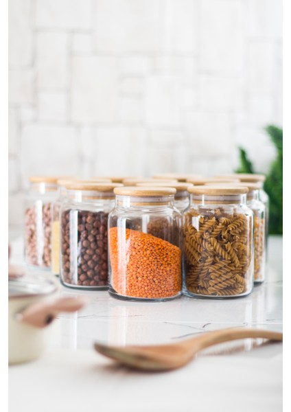 12 Lü Set Bambu Kapaklı Cam Kavanoz & Erzak Saklama Kabı 800 ml Orta Boy ( Vakum Kapak )