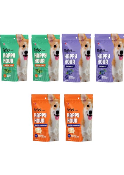 Happy Hour (Parlak Tüyler-Ağız Diş Sağlığı-Sakinleşme) Destekleyici Köpek Ödül Bisküvi Maması (60gr) 6 Adet