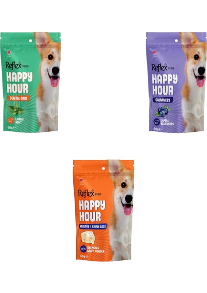 Happy Hour (Parlak Tüyler-Ağız Diş Sağlığı-Sakinleşme) Destekleyici Köpek Ödül Bisküvi Maması 60gr 3 Adet