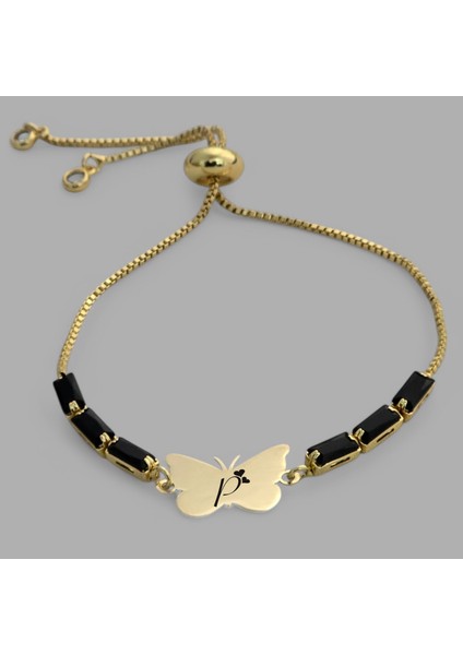 Kelebek Figürlü 14 Ayar Altın Plakalı Harf Desenli Siyah Taşlı Bileklik