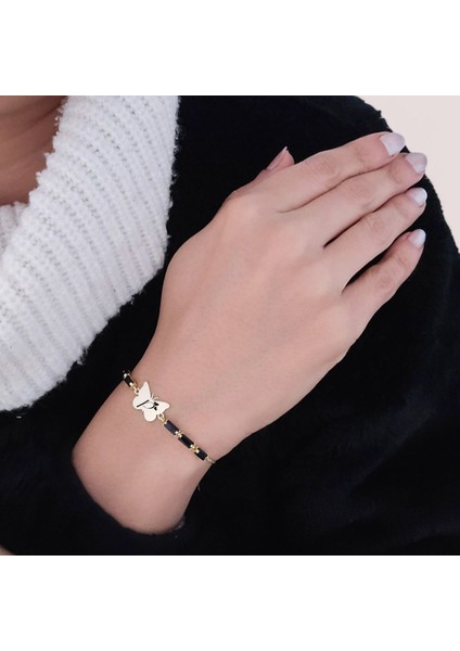 Kelebek Figürlü 14 Ayar Altın Plakalı Harf Desenli Siyah Taşlı Bileklik fiyatları