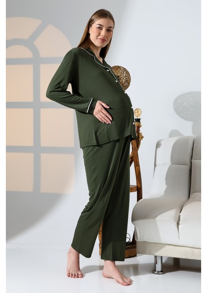 Önden Düğmeli Hamile Lohusa Mevsimlik Uzun Kol Pijama Takımı modelleri
