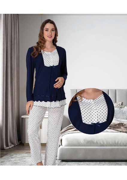 Dvina Lohusa Pijama Takımı Ekru-Lacivert - 9052