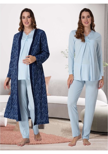 Dvina Lohusa Desenli Sabahlıklı Pijama Takımı Mavi - 9058