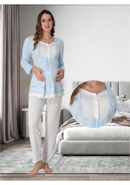 Dvina Lohusa Pijama Takımı Ekru-Mavi - 9052