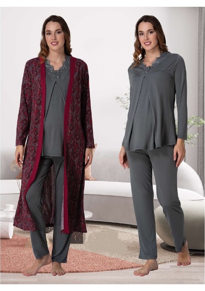 Dvina Lohusa Desenli Sabahlıklı Pijama Takımı Füme - 9058
