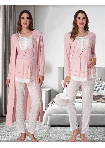 Dvina Lohusa Sabahlıklı Pijama Takımı Ekru-Pembe - 9054