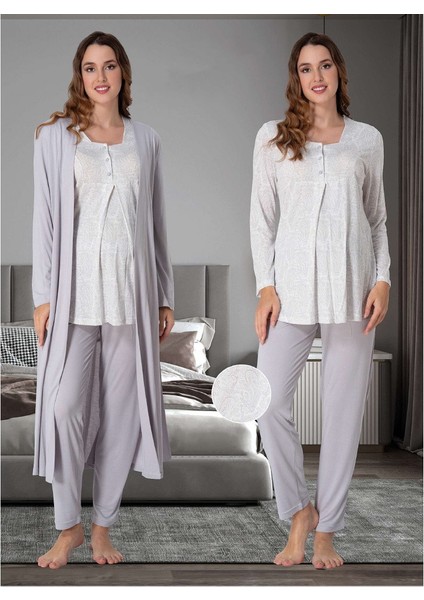 Dvina Lohusa Sabahlıklı Pijama Takımı Gri - 9074