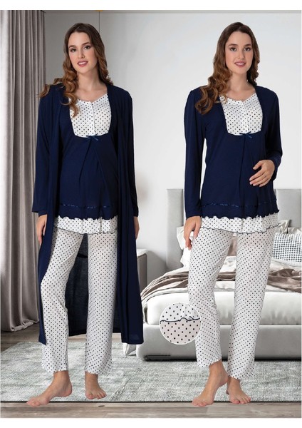 Dvina Lohusa Sabahlıklı Pijama Takımı Ekru-Lacivert - 9054