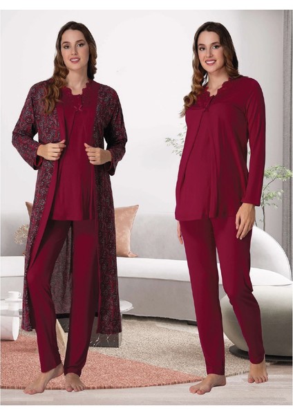 Dvina Lohusa Desenli Sabahlıklı Pijama Takımı Kırmızı - 9058