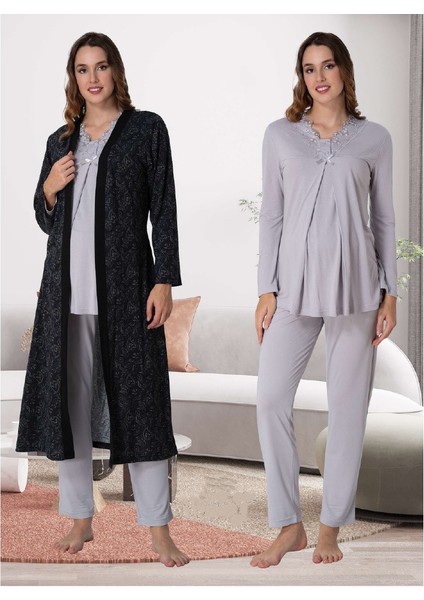 Dvina Lohusa Desenli Sabahlıklı Pijama Takımı Lila - 9058