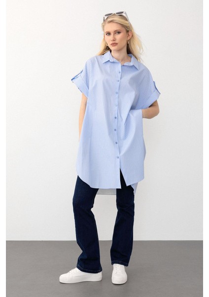 Yandan Yırtmaçlı Çizgili Poplin Tunik Açık Mavi 9283 fırsatları